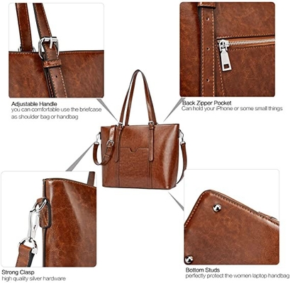 O mensageiro de couro Bag das mulheres do vintage portátil Tote Bag de 15,6 polegadas